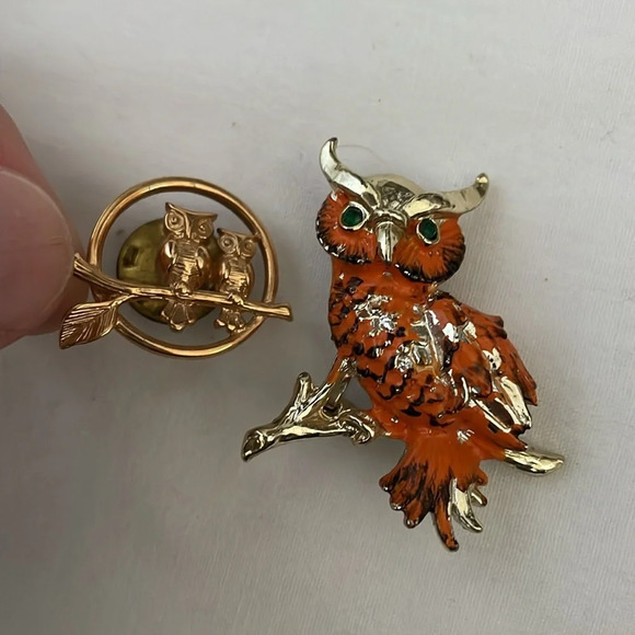 Avon Jewelry - Two vintage owl pins/brooches. Small gold toned is Avon.